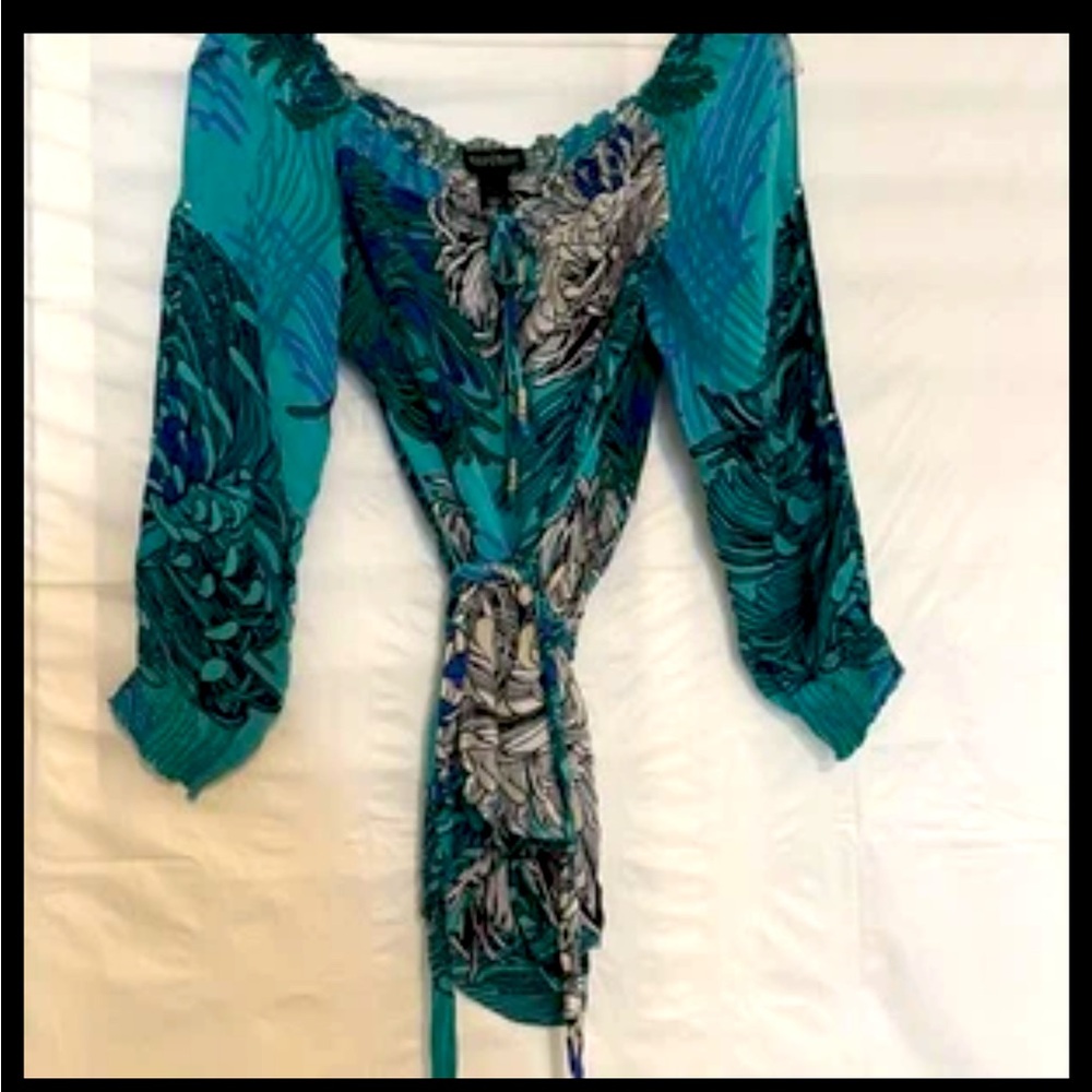 White House Black Market Silk Green and Black Patterned Top Boho Drapey